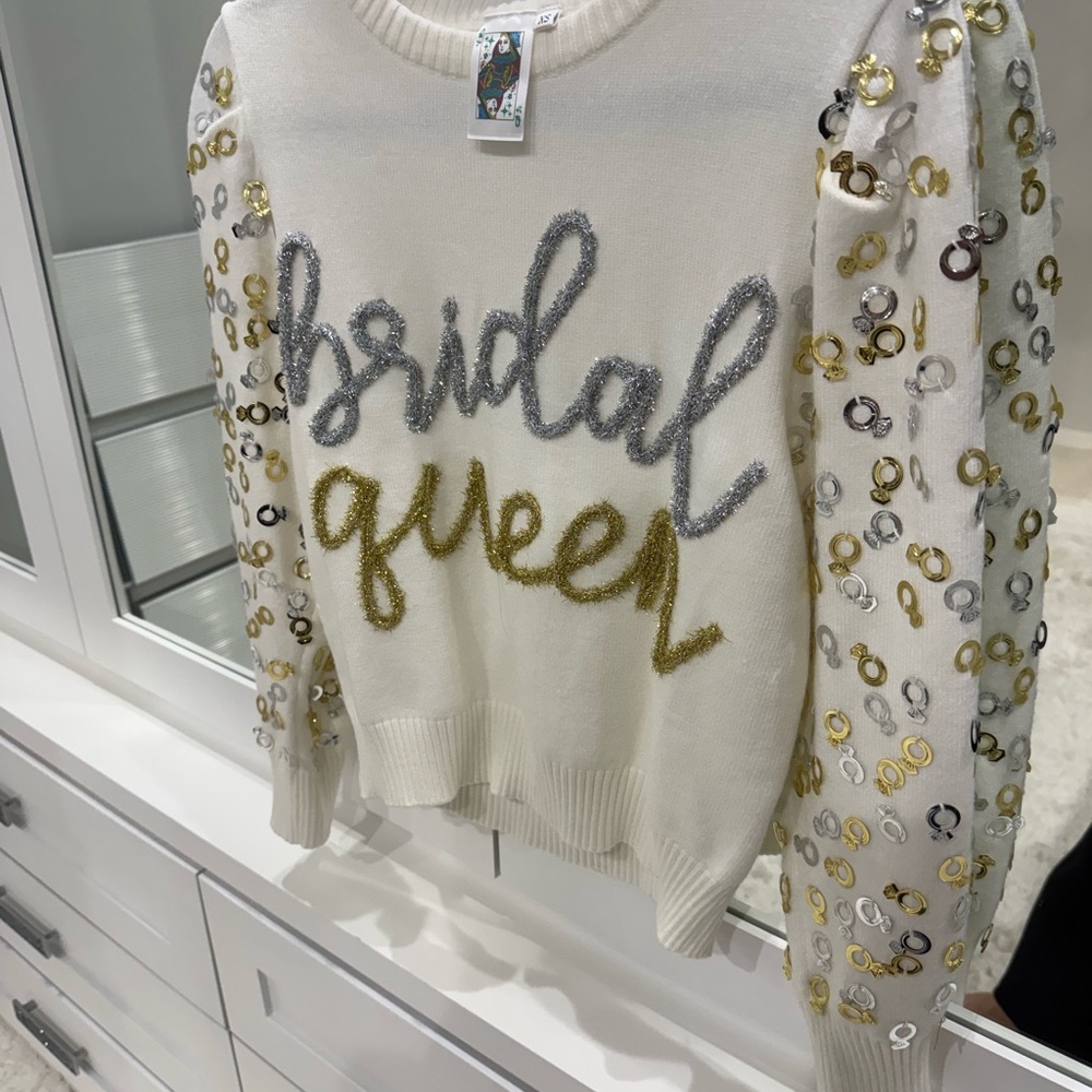 Bridal Queen of Sparkles White Sweater with Gold and Silver Accents